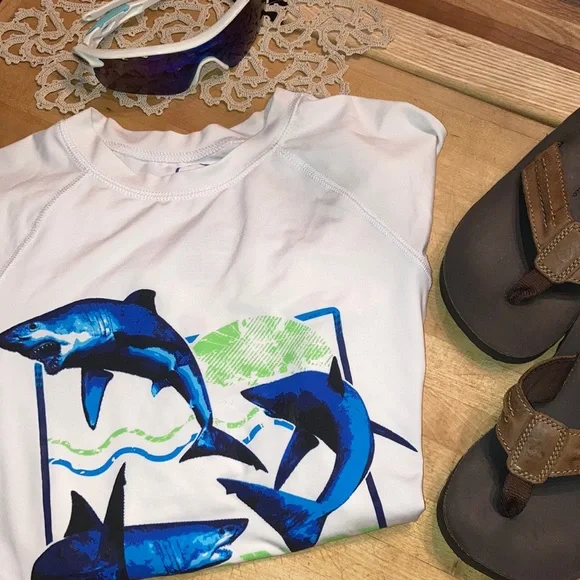 Long Sleeve Protective Sun Surf Shirt White Rash Guard Blue Shark Print OP 10 12 - Picture 1 of 6